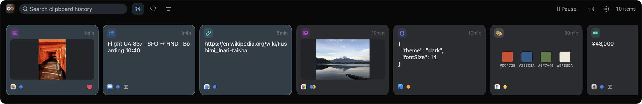 Clipick's history panel under the menu bar, showing recent copies: photos, a flight, a link, colors and an amount.
